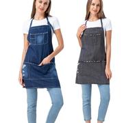 Grembiule da cucina in denim di cotone, regolabile, con tasche, per donne e uomini, caffetterie, bar, cucine, Grigio Blu Scuro, S