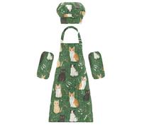 Grembiule da cucina per bambini, con cappello da chef e scritta "Cute Cat", per bambini dai 3 ai 12 anni, cartone animato, carino, gatto, verde, S