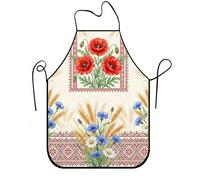 Grembiule da cucina rustico floreale con papaveri e grano | Fiori di papavero rosso, grembiule da cucina, fiordalisi blu, steli di grano dorato, motivo ricamato imitazione popolare