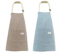 Grembiule Donna con Tasche, 2 Pezzi Blu e Righe Caffè Grembiule da Cucina Regolabile in Cotone Lino Bavaglino da Cuoco per Cucinare, Barbecue, Cuocere, Giardinaggio, Pulizie Domestiche, Ristorante