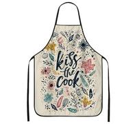 Grembiule floreale per cucinare, grembiule da cucina con motivo floreale Kiss the Cook, elegante design botanico per barbecue, pranzo casual ed E, Crema, 24x31 Inch