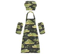 Grembiule per bambini con cappello da chef, divertente, stile cartone animato, safari, coccodrilli, grembiuli verdi per bambini con tasche per cucinare, pasticceria, pittura, artigianato, arte 3-12