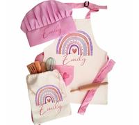 Grembiule personalizzato per bambini su misura con nome personalizzato tema ponte arcobaleno viola rosa grembiuli in lino cappello da chef ragazza set da forno con stampa cucina grembiule da cucina