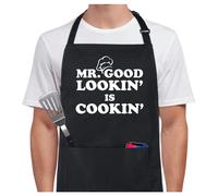 Grembiuli divertenti Xornis 100% cotone per uomo Mr. Good Looking is Cooking Grembiuli da cucina regolabili per barbecue con 2 tasche, regali per