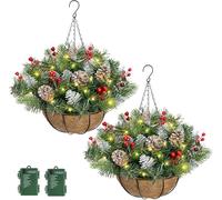 Greplant - Cestini natalizi da appendere, per esterni, 50,8 cm, pre-illuminato, con pigne e bacche, 8 modalità e timer, per decorazioni esterne (2 pezzi)