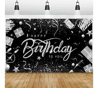 GRESATEK Nero Argento Compleanno Striscioni, Happy Birthday Banner Feste Photo Booth Decorazione, Sfondo per Poster di Compleanno Extra Large per Regalo Uomini Donne Ragazze
