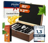 Grevening® Set di 16 shaker da cocktail in pratica ed elegante scatola di legno, ottima confezione regalo con ricettario per principianti e professionisti, acciaio inossidabile 304 Premium