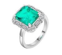 Grewod Anello per Lei Oro Bianco 375 per Donna Forma Rettangolare con Smeraldo Laboratorio Principessa Anelli a Fascia Misura 7