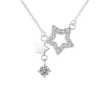 Grewod Collana Pendente Donna Oro Bianco 9k Diamante Laboratorio Bianco Rotondo Stella Ciondolo con Catena Gioielli 40+5 cm