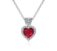 Grewod Collana Pendente Donna Oro Bianco 9k Rubino Laboratorio Rosso Cuore con Moissanite Elegante Ciondolo con Catena Gioielli 40+5 cm