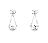 Grewod Orecchini Eleganti Oro Bianco 9kt per Donna Luna e Stella con Nodo a Fiocco e Catena con Moissanite Rotonda Orecchini