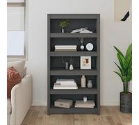 Grey Bookshelf 80x35x154 cm Solid Pine Wood, Modern Library Shelf for Living Room & Bedroom, Sturdy Storage Shelf with 5 Adjustable Shelves, Space-Saving Bookcase for Home Office & Study Room
