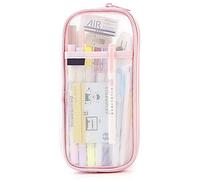 Grid Mesh Pen Pen Case with Zipper Clear Makeup Color Pouch Bag Cosmetics Bag Multi-Purpose Travel School Teen Girls Trasparente Stationary Bag Office Organizer Box (Rosa)