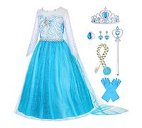 Gridamea Vestito Elsa Frozen Bambina-Costume Anna Ghiaccio Abito da Principessa con Corona/Bacchetta/Guanti/Treccia/Orecchini/Anello per Bambini Compleanno, Halloween, Feste, Cosplay