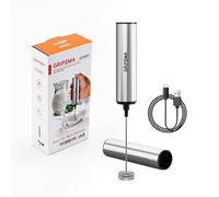 GRIFEMA Montalatte Elettrico Ricaricabile Frullino Caffè USB | Mini Schiumatore con Corpo Interamente in Acciaio Inox, 13000 Giri/Min, Senza BPA, Design Argento per Latte, Cappuccino