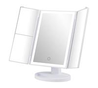 GRIFEMA Specchio per Trucco Trifold con Luce a 32 LED, con Illuminazione, Ingrandimento 3/2/1, Specchio da Tavolo Touch, Regolabile a 180°, USB e Batteria, Bianco