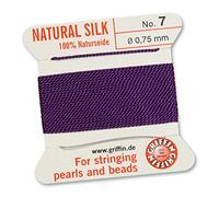 Griffin 100%, cordino/corda/filo in seta naturale per perle infilatura perle o perline, colore ametista viola, 2 metri con un ago, Purple, 0.75mm