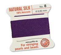 Griffin 100%, cordino/corda/filo in seta naturale per perle infilatura perle o perline, colore ametista viola, 2 metri con un ago, Purple, 0.80mm