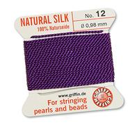 Griffin 100%, cordino/corda/filo in seta naturale per perle infilatura perle o perline, colore ametista viola, 2 metri con un ago, Purple, 0.98mm
