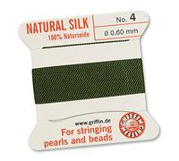Griffin 100% seta naturale filo per perline - verde oliva - 2 metri con un ago - dimensione 0,60 mm