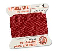 GRIFFIN Cordino/corda/filo, 100% in seta naturale, per infilatura di perle o perline, colore rosso granato, 2 metri, con ago incluso, 13 dimensioni, Red, 1.02mm