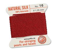 GRIFFIN Cordino/corda/filo, 100% in seta naturale, per infilatura di perle o perline, colore rosso granato, 2 metri, con ago incluso, 13 dimensioni, Red, 1.05mm
