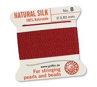 GRIFFIN Cordino/corda/filo, 100% in seta naturale, per infilatura di perle o perline, colore rosso granato, 2 metri, con ago incluso, 13 dimensioni, Red, 0.80mm