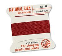 GRIFFIN Cordino/corda/filo, 100% in seta naturale, per infilatura di perle o perline, colore rosso granato, 2 metri, con ago incluso, 13 dimensioni, Red, 0.60mm