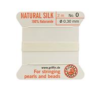 Griffin - Filo/cordino/corda per infilatura di perle e perline, al 100% in seta natural, da 2 metri di lunghezza, con un ago, disponibile in 13 misure, colore: bianco, White, 0.30mm