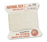 Griffin - Filo/cordino/corda per infilatura di perle e perline, al 100% in seta natural, da 2 metri di lunghezza, con un ago, disponibile in 13 misure, colore: bianco, White, 1.02mm