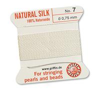 Griffin - Filo/cordino/corda per infilatura di perle e perline, al 100% in seta natural, da 2 metri di lunghezza, con un ago, disponibile in 13 misure, colore: bianco, White, 0.75mm