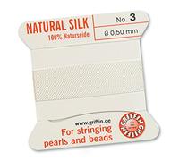 Griffin - Filo/cordino/corda per infilatura di perle e perline, al 100% in seta natural, da 2 metri di lunghezza, con un ago, disponibile in 13 misure, colore: bianco, White, 0.50mm