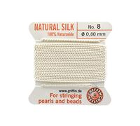Griffin - Filo/cordino/corda per infilatura di perle e perline, al 100% in seta natural, da 2 metri di lunghezza, con un ago, disponibile in 13 misure, colore: bianco, White, 0.80mm