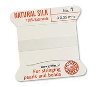 Griffin - Filo/cordino/corda per infilatura di perle e perline, al 100% in seta natural, da 2 metri di lunghezza, con un ago, disponibile in 13 misure, colore: bianco, White, 0.35mm