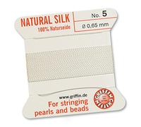 Griffin - Filo/cordino/corda per infilatura di perle e perline, al 100% in seta natural, da 2 metri di lunghezza, con un ago, disponibile in 13 misure, colore: bianco, White, 0.65mm