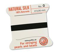 Griffin, filo per perle, cordino per perline, 100% seta naturale, color nero, lunghezza 2 metri, con ago, 13 taglie disponibili, Black, 0.30mm