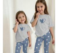 Grigio e blu velato, stampa minimalista dolce a forma di cuore, completo carino con cerbiatto, maglietta a maniche corte e leggings rotondi e morbidi adatti per ragazza, ideali per primavera/estate, u