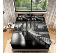 Grigio Lenzuolo Sotto con Angoli Matrimoniale Ponte di Brooklyn e città 3D Stampa Coprimaterasso Profondità 30cm con 2 Federe per Letto Singolo Matrimoniale King e Una Piazza e Mezza 180 x 200 cm