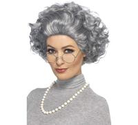 Grigio Nonnina Parrucca Kit Con Occhiali E Collana Accessorio Vestito Adulti