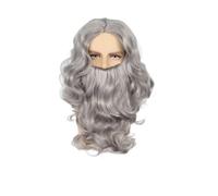 (grigio)Parrucca blu, bianca e grigia con riga in mezzo, parrucca con barba lunga e riccia, Cosplay