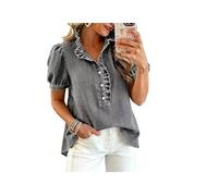 ,Grigio,XL,Camicia con Bottoni sul Davanti in Jeans con Volant per Donne, Top in Denim con Volant, Maniche a Sbuffo, Camicia Peplo in Jeans, Bluse con Volant per L'Estate