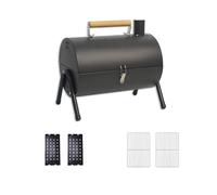 Griglia a carbone multifunzione per campeggio e cucina all'aperto, affumicatore e barbecue, nera con manico in legno di faggio, vassoio in carbonio e griglia in acciaio inox