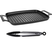 Griglia Bistecchiera rettangolare 47cm | Piastra PROFESSIONALE fondo induzione in Acciaio | Antiaderente Tedesco | per forno grigliate bbq gas super resistente e antiaderente + pinza