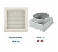 Griglia Bocchetta 18x18cm Diam.140mm Bianca con RETE e Adattatore per Camino