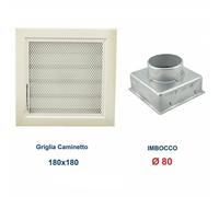 Griglia Bocchetta 18x18cm Diam.80mm Bianca con RETE e Adattatore per Camino