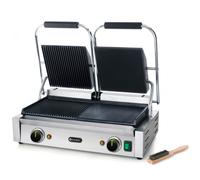HENDI Piastra Elettrica a Contatto Doppia, Grill/Griglia Panini Professionale, Piastre Liscia e Rigata in Ghisa Smaltata, 230V, 3600W, 570x375x(H)216mm, Acciaio Inox