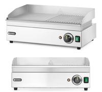 HENDI Piastra elettrica 1/2 liscia e 1/2 rigata, con cassetto raccolta grassi rimovibile, fino a 300°C, piastra di cottura, griglia, grill, barbecue, 230V, 2400W, 620x470x(H)280mm, inox