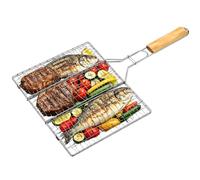 Griglia per barbecue in acciaio inox con manico in legno, griglia doppia per carne, hamburger, pesce e verdure, cestello grill antiaderente 40 x 40 cm