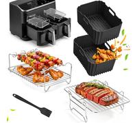 Griglia per Friggitrice ad Aria per COSORI 8,5L Doppio Cestello R901/ R903 | 5 Pezzi, Accessori Set Air Fryer, Acciaio Inox, Impilabile con 3 Spiedini, Teglia Stampo Silicone per Friggitrice ad Aria