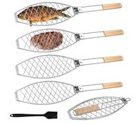 Griglia per pesce con manico in legno, 4 pezzi, 63 x 12 cm, grande arrosto per pesce con manico, in acciaio inox, per barbecue e barbecue
